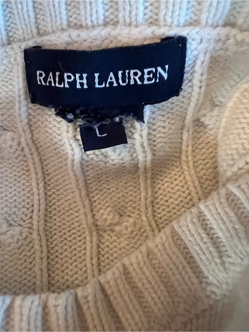 Preppy Kids Ralph Lauren Cream Cable-Knit Crewneck Sweater with Pink Pony Large